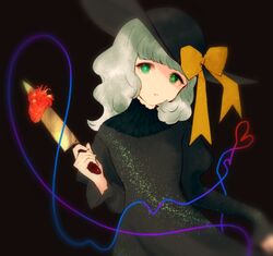  1girl alternate_costume black_background green_eyes green_hair hat hat_ribbon heart heart_of_string knife komeiji_koishi long_sleeves looking_at_viewer puffy_sleeves ribbon short_hair simple_background solo string sweater touhou turtleneck upper_body viridiflora 