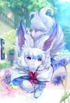  building colored fate/grand_order fate_(series) flower flower_pot four_(fate/grand_order) no_humans petals plant potted_plant semi_(delcatty) solo tree violet_eyes walking 