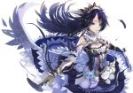  1girl black_hair blue_eyes breasts cleavage detached_sleeves dress feathers gloves long_hair looking_at_viewer namae_mayoichuu original simple_background solo white_background 