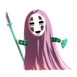  1girl bobomaster fan hata_no_kokoro kaonashi long_hair lowres mask naginata parody pink_hair polearm sen_to_chihiro_no_kamikakushi solo touhou very_long_hair weapon white_background 