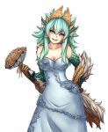  1girl animal_ears aqua_eyes bare_shoulders bouquet breasts cleavage dress flower fur green_hair hand_on_hip head_tilt looking_at_viewer monorus monster_girl monster_hunter personification scales simple_background slit_pupils smile solo spiky_hair tail wedding_dress white_background white_dress zinogre 