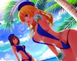  2girls adjusting_hair atago_(kantai_collection) backlighting beret bikini black_hair blonde_hair bracelet breasts casual_one-piece_swimsuit dutch_angle hat jewelry kantai_collection large_breasts layered_bikini lens_flare long_hair multiple_girls o-ring_bikini one-piece_swimsuit open_mouth outdoors palm_tree red_eyes short_hair shuffle115 side-tie_bikini sling_bikini swimsuit takao_(kantai_collection) tree 