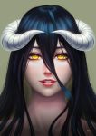  1girl absurdres albedo black_hair collarbone darkmuleth demon_girl demon_horns eyebrows eyelashes face hair_between_eyes highres horns lips long_hair looking_at_viewer neck nose overlord_(maruyama) parted_lips reflective_eyes signature simple_background slit_pupils solo teeth yellow_eyes 