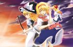  2girls alice_margatroid apron ascot blonde_hair blush book broom capelet closed_eyes couple grimoire hairband hat holding holding_book kirisame_marisa long_hair multiple_girls open_mouth shanghai_doll short_hair smile snowdust_(pixiv) sunset touhou waist_apron witch_hat yellow_eyes 