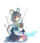  1girl animal animal_ears basket bishamonten&#039;s_pagoda blush capelet dowsing_rod grey_hair jewelry long_sleeves looking_at_viewer mouse mouse_ears mouse_tail nazrin necklace nr_(cmnrr) parted_lips red_eyes shirt short_hair simple_background sitting skirt skirt_set solo tail touhou vest white_background 