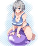  1girl ball blue_eyes blush breasts cleavage exercise_ball flying_sweatdrops hair_ornament hairclip hamakaze_(kantai_collection) highres kantai_collection moisture_(chichi) plump silver_hair sitting solo sweat 