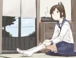  1girl adjusting_clothes adjusting_legwear brown_eyes brown_hair i-401_(kantai_collection) kantai_collection kawashina_(momen_silicon) ponytail school_uniform serafuku short_hair socks solo 