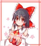  1girl ascot bare_shoulders black_hair blush bow detached_sleeves flower hair_bow hair_tubes hakurei_reimu looking_at_viewer nontraditional_miko open_palms red_eyes short_hair sketch smile solo touhou upper_body wide_sleeves yada_(xxxadaman) 