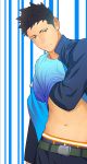  1boy belt black_hair green_eyes highres itto_(mentaiko) looking_at_viewer male_focus navel original short_hair solo striped striped_background toned underwear very_short_hair 