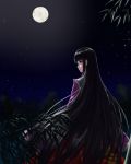  1girl absurdres atkdog black_hair dark from_behind full_moon highres houraisan_kaguya long_hair long_skirt long_sleeves looking_at_viewer looking_back moon moonlight night night_sky shirt skirt sky smile solo star_(sky) touhou very_long_hair wide_sleeves 