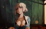  1girl alternate_breast_size alternate_hair_color black_bra blonde_hair bra breasts brown_eyes cleavage highres large_breasts lips looking_at_viewer noccu open_clothes open_shirt shirt short_hair solo tonari_no_seki-kun underwear yokoi_rumi 