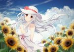  1girl alternate_costume arms_behind_back artist_name blue_sky blush breasts casual cleavage clouds cloudy_sky collarbone dress flower hat hat_flower hat_ribbon hibiscus kantai_collection large_breasts light_smile long_hair looking_at_viewer mimamui outdoors ribbon shoukaku_(kantai_collection) sky smile solo spaghetti_strap summer sundress sunflower upper_body white_hair wind 