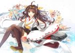  1girl ahoge brown_hair ceru flower hairband japanese_clothes kantai_collection kongou_(kantai_collection) long_hair machinery nontraditional_miko open_mouth skirt smile turret 