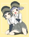  2girls arare_(kantai_collection) black_hair blue_hair brown_eyes hat kantai_collection multiple_girls one_eye_closed ooshio_(kantai_collection) sekina short_hair smile suspenders twintails 