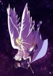  2boys 437 cardcaptor_sakura falling feathered_wings full_body hiiragizawa_eriol long_hair looking_at_another low-tied_long_hair multiple_boys sky spoilers staff star_(sky) starry_sky very_long_hair white_hair white_wings wings yue_(ccs) 