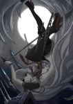  1girl black_legwear boushi-ya dress full_moon gloves hair_ribbon headgear high_heels holding holding_weapon kantai_collection lavender_hair long_hair looking_at_viewer machinery moon murakumo_(kantai_collection) orange_eyes pantyhose polearm red_ribbon remodel_(kantai_collection) ribbon ringed_eyes sailor_dress smile solo spear tress_ribbon turret upside-down very_long_hair weapon white_dress 