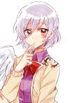  1girl bow bowtie dress finger_to_mouth jacket kishin_sagume long_sleeves looking_at_viewer open_clothes purple_dress red_eyes shirt short_hair silver_hair single_wing six_(fnrptal1010) solo touhou wings 