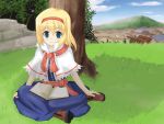  1girl alice_margatroid ascot blonde_hair blue_eyes blush book capelet cross-laced_footwear hairband open_book short_hair sitting smile snowdust_(pixiv) touhou tree 