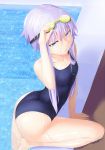  1girl :d abmayo ass bare_legs collarbone competition_swimsuit goggles goggles_on_head gohei highres one-piece_swimsuit open_mouth pool purple_hair smile swimsuit violet_eyes vocaloid voiceroid water wet yuzuki_yukari 