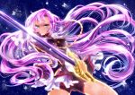  1girl aiguillette aqua_eyes bike_shorts blue_background butterfly cowboy_shot flower long_hair pink_hair rapier rose serious shoujo_kakumei_utena solo sword tenjou_utena twitter_username very_long_hair weapon white_rose yuki_hikari 