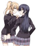  2girls ayase_eli blazer blonde_hair blush clipe eye_contact from_behind long_hair looking_at_another love_live!_school_idol_project multiple_girls school_uniform simple_background skirt smile sonoda_umi uniform white_background yuri 