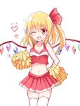  1girl alternate_costume blonde_hair bow cheerleader cowboy_shot flandre_scarlet hair_bow heart looking_at_viewer midriff motion_lines navel one_eye_closed open_mouth pleated_skirt pom_poms red_eyes short_hair side_ponytail sketch skirt smile solo thigh-highs touhou white_background wings yada_(xxxadaman) 