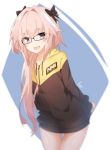  1boy bespectacled bottomless bow fang fate/apocrypha fate/grand_order fate_(series) glasses hair_bow highres hood hoodie long_hair male_focus open_mouth otoko_no_ko pink_hair rider_of_black smile tilt-shift violet_eyes 
