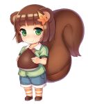  1girl animal_ears bangs brown_hair chestnut green_eyes hair_ornament highres kurito leaf_hair_ornament looking_at_viewer peropero_saimin peroperoairu personification shoes shorts socks solo squirrel_ears squirrel_tail striped striped_legwear tail 