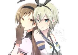  2girls anastasia_(idolmaster) blue_eyes brown_eyes brown_hair cosplay elbow_gloves gloves hairband idolmaster idolmaster_cinderella_girls kantai_collection long_hair looking_at_viewer multiple_girls nitta_minami raki_(kuroe) shimakaze_(kantai_collection) shimakaze_(kantai_collection)_(cosplay) short_hair silver_hair sketch smile teruzuki_(kantai_collection) teruzuki_(kantai_collection)_(cosplay) 