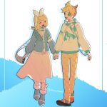  1boy 1girl argyle argyle_scarf artist_name blonde_hair blue_eyes blush boots bow_hairband cardigan character_print closed_eyes commentary_request fur-trimmed_boots fur_trim hairband hatsune_miku headphones highres holding_hands hood hoodie kagamine_len kagamine_rin long_skirt long_sleeves looking_at_another open_mouth ponytail scarf see-through see-through_skirt short_hair skirt smile vocaloid zontik2404 