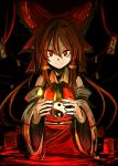  1girl bare_shoulders bow brown_hair dark detached_sleeves hair_bow hair_tubes hakurei_reimu long_hair ne_kuro ofuda red_eyes solo touhou tsurime yin_yang 