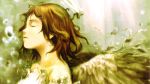  1girl abe_yoshitoshi angel_wings brown_hair closed_eyes haibane_renmei halo highres messy_hair rakka solo wallpaper water wings 