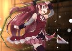  1girl bare_shoulders black_legwear blush bow detached_sleeves hair_bow highres long_hair magical_girl mahou_shoujo_madoka_magica open_mouth polearm ponytail red_eyes redhead rin2008 sakura_kyouko smile solo spear thigh-highs weapon 