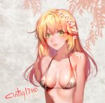  1girl bikini blonde_hair blush breasts caesty character_request cleavage flower green_eyes hair_between_eyes hair_flower hair_ornament lips nose solo swimsuit upper_body 