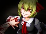  1girl blonde_hair blood blood_on_face blood_on_fingers bloody_clothes bloody_hands fang_out frilled_skirt frills out_of_frame red_eyes rumia senmitu3/1000 shirt short_hair skirt smile touhou vest 
