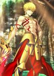  1boy armor blonde_hair earrings fate/grand_order fate_(series) gilgamesh hand_on_hip holding_sword holding_weapon jewelry looking_at_viewer red_eyes smile solo sword tattoo tree weapon 