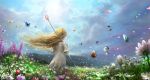  00 1girl blonde_hair butterfly clouds dress fantasy field flower from_behind highres hill light_particles long_hair nature original petals scenery sky solo sparkle staff upper_body white_dress wind 