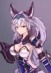  1girl animal_ears armor breasts cat_ears cleavage gradient gradient_background granblue_fantasy hair_intakes hairband heles large_breasts long_hair purple_background ryuinu shoulder_pads silver_hair solo spikes upper_body yellow_eyes 