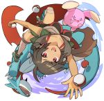  1girl ankle_boots black_hair blue_sky boots cloak grey_legwear higana_(pokemon) holding holding_poke_ball looking_at_viewer open_mouth over-kneehighs poke_ball pokemon pokemon_(creature) pokemon_(game) pokemon_oras red_eyes saitou_naoki salamence short_hair short_ponytail short_shorts shorts shoulder_pads sky thigh-highs toeless_boots upside-down whismur 