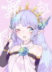  1girl bare_shoulders blue_eyes bridal_gauntlets commentary_request granblue_fantasy grey_hair index_finger_raised lily_(granblue_fantasy) long_hair one_eye_closed purple_hair roll_okashi tiara 