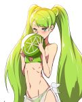  1girl ball bangs beachball bikini blush cookie_run covering_mouth cowboy_shot food fruit green green_bikini green_eyes green_hair hair_ornament halterneck highres lime_(fruit) lime_cookie long_hair navel original sarong see-through simple_background small_breasts solo supernew swept_bangs swimsuit twintails very_long_hair white_background 