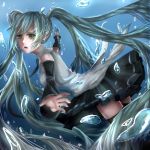  1girl bubble detached_sleeves green_eyes green_hair hatsune_miku highres long_hair skindentation solo thigh-highs underwater 