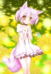  1girl absurdres animal_ears dress flower fox_ears fox_tail frilled_dress frills highres irotoridori_no_sekai nyolo pink_hair puffy_short_sleeves puffy_sleeves ren_(irotoridori_no_sekai) short_hair short_sleeves tail yellow_eyes 