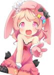  1girl bandaid bandaid_on_knee bare_arms bare_shoulders blush bunny_hair_ornament collarbone dress gloves hair_ornament hat hat_with_ears highres long_hair makuran open_mouth original personification pink_dress pink_eyes pink_gloves pink_hair rabbit sitting smile solo star strapless_dress v wariza 