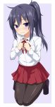  1girl black_legwear blush highres himouto!_umaru-chan long_hair looking_at_viewer motoba_kirie pantyhose ponytail purple_hair school_uniform seiza simple_background sitting skirt solo violet_eyes wavy_mouth 