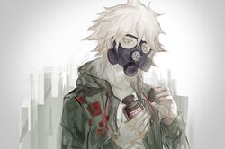  1boy cocoons dangan_ronpa gas_mask grey_eyes hair_between_eyes hooded_jacket komaeda_nagito messy_hair solo super_dangan_ronpa_2 white_hair 