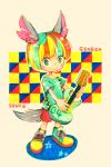  1boy animal_ears blonde_hair blue_eyes character_name copyright_name gengen_(show_by_rock!!) guitar instrument male_focus marker_(medium) multicolored_hair shoes shorts show_by_rock!! smile sneakers solo standing streaked_hair t-shirt tail traditional_media wataori_(ippuku_shimasho) 