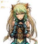  1girl animal_ears archer_of_red blonde_hair blush dannrei3636 fang fate/apocrypha fate/grand_order fate_(series) gloves green_eyes green_hair hair_ornament lion_ears lion_tail multicolored_hair sleeveless solo sweatdrop tail twintails 