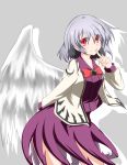  1girl bow bowtie dress finger_to_mouth highres index_finger_raised jacket kishin_sagume long_sleeves open_clothes purple_dress red_eyes sena_kizahashi shirt short_hair silver_hair single_wing smile solo touhou wings 