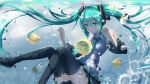  1girl air_bubble animal aqua_hair artist_name ball blue_eyes boots detached_sleeves fish hair_ornament hatsune_miku highres k.syo.e+ nail_polish necktie number pleated_skirt shirt skirt sleeveless sleeveless_shirt thigh-highs thigh_boots twintails underwater vocaloid zettai_ryouiki 